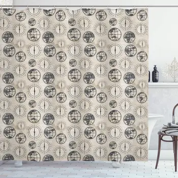 

Compass Shower Curtain, World Map Pattern with Aged Background Maritime Directions Continents, Cloth Fabric Bathroom Decor Set