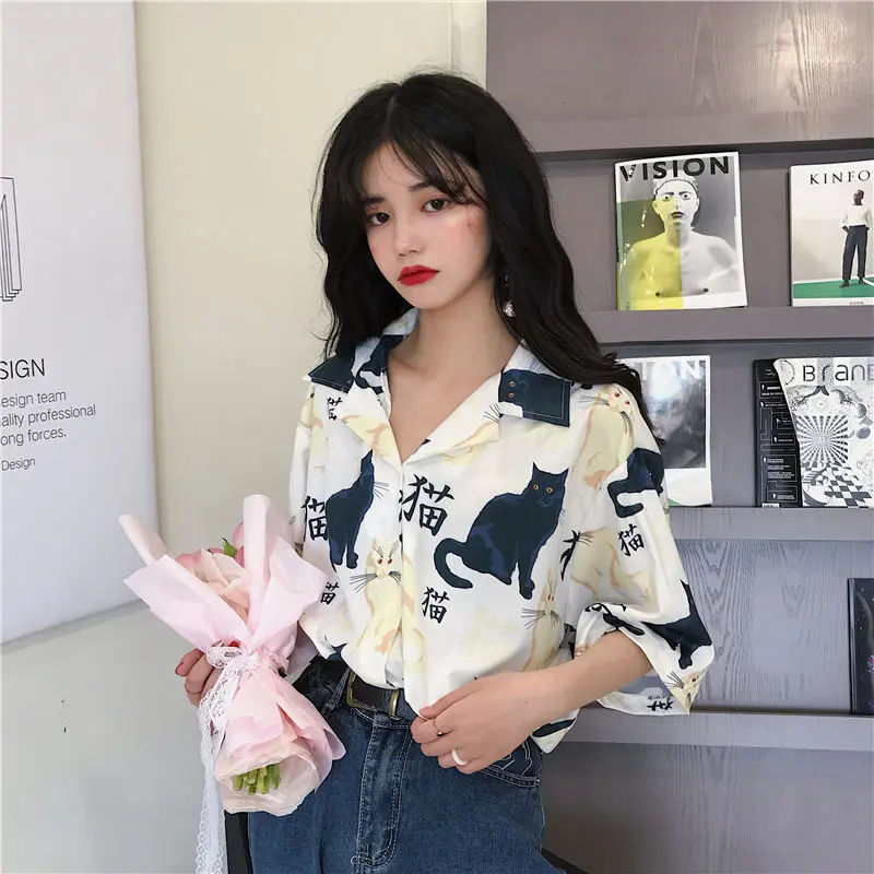 Blouses Women Vintage Cat Printed Korean Basic Loose Chic Design Ladies Shirts Daily College Street All-match Womens Blouse Top 4