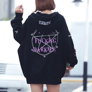 

Gothic Harajuku Hoodies Women Fleece Loose Letter Print Pocket Lace-Up Hooded BF Style Mid Length Warm Hoodies