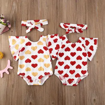 

Newborn Baby Girls My Valentines Day Romper Jumpsuit Bodysuit Headband Outfits Summer Flare Sleeve Playsuit Heart Love Headband