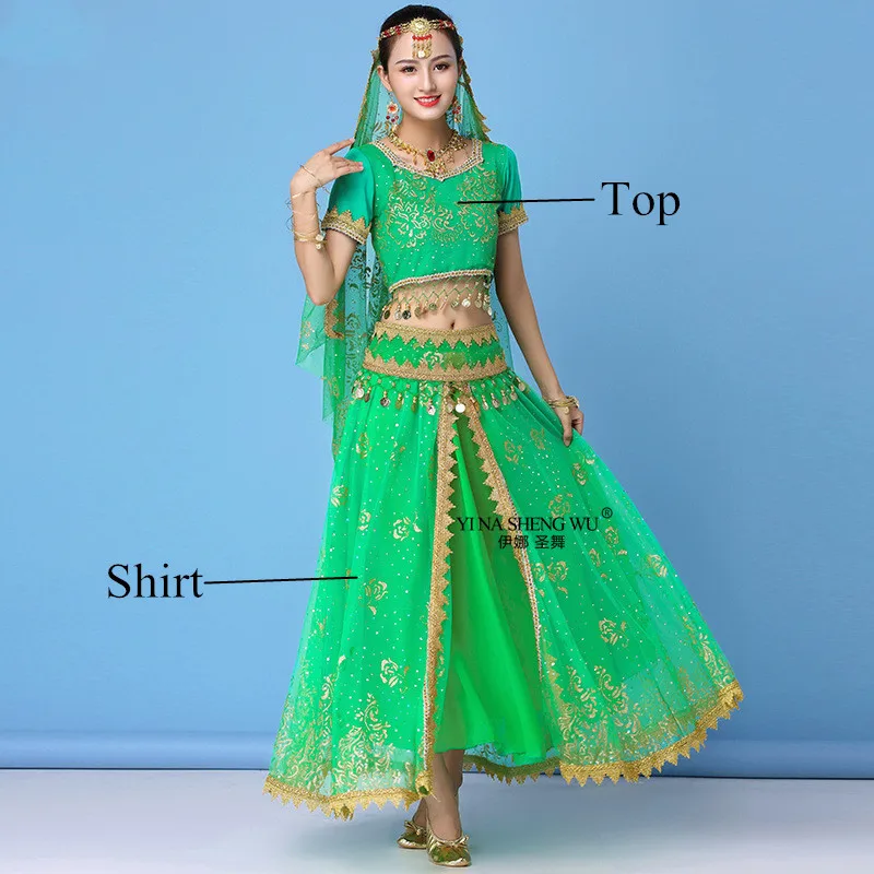 Green 2pcs Индийский Болливуд набор костюма для танца живота танец сари танец живота Болливуд сценическое представление шифон Топ Талия цепь юбка - Цвет: Green 2pcs