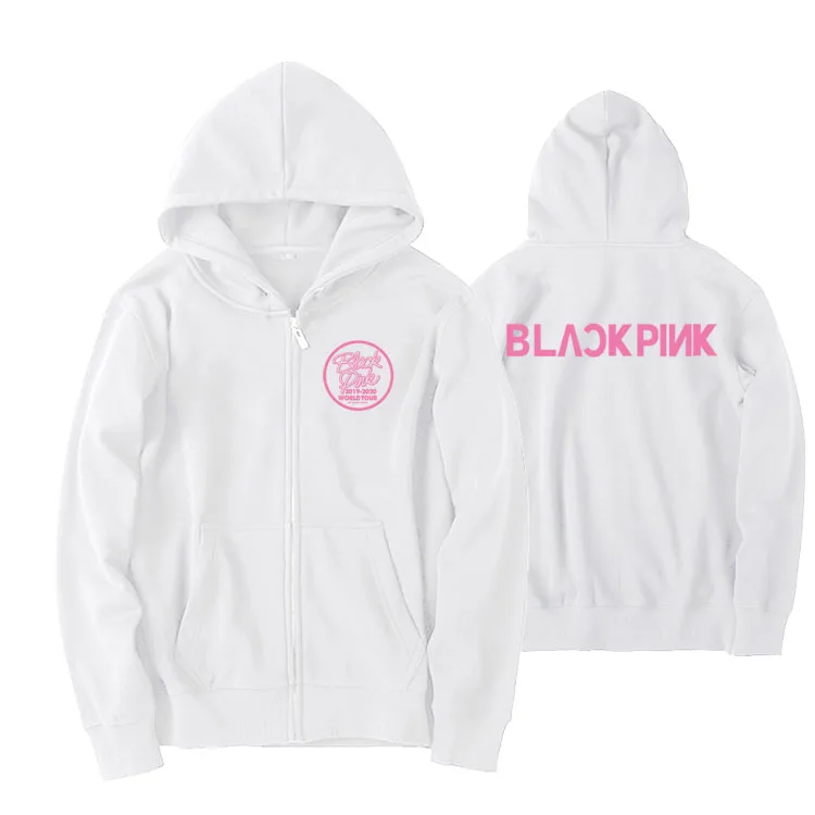 fleece Kpop blackpink, куртка с капюшоном на молнии с принтом world tour, унисекс, флисовая/тонкая свободная толстовка на молнии, черный/белый - Цвет: fleece