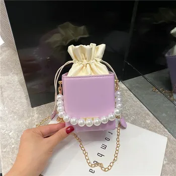 

Women Box Crossbody Bag 2020 New Korean Style Pearl Shoulder Fashion All-match Messenger Ins Small Square Drawstring Bags W7S6