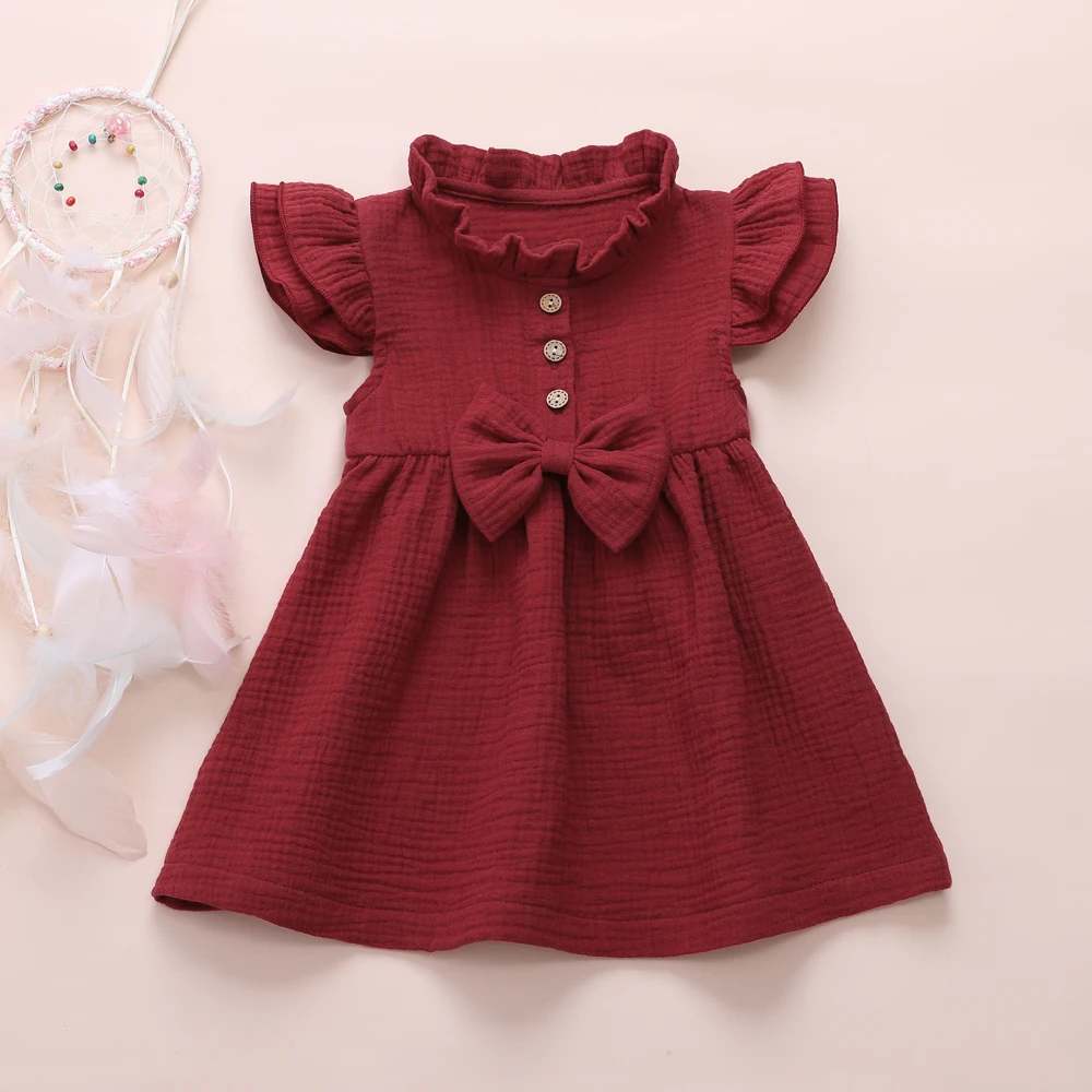 2020 Princess Toddler Kids Baby Girl Dress 1-6Y Solid Linen Button Ruffle Sleeve Turn Down Collar Bow Party A-Line Dress Clothes