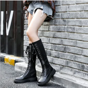 

black knee high boots boots female the spring and autumn period and the new fly woven elastic thick with high leather thin boot