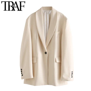 

TRAF Women Fashion Single Button Oversized Blazer Coat Vintage Long Sleeve Pockets Loose Female Outerwear Chic Tops