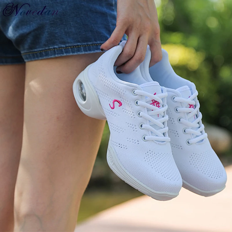 Women's Breathable Air Mesh Square Dance Shoes Jazz Shoes Girls Red White Black Air Cushion Soft Bottom Dance Sneakers 5