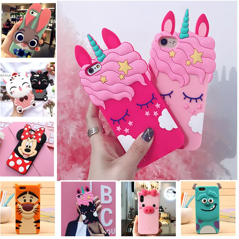 3D Cartoon Soft Silicone Phone Case For iPhone 5S 6 6S 7 8 Plus X Cover Mickey Judy Rabbit Smile Cat Tiger Stitch Unicorn Animal |