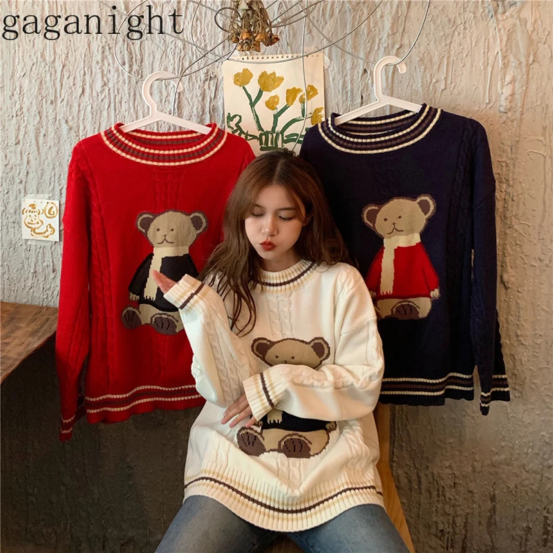 Gaganight Cute Jacquard Bear Women Sweater Chic Girls Pullover Autumn Winter Korean Jumper Female Knit Sweaters Students Fashion | Женская