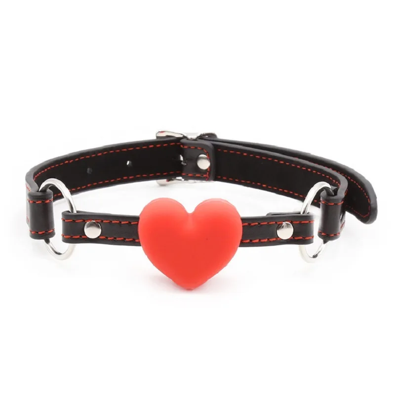 Bavaglio a forma di cuore in gomma e pelle PU, con imbracatura a forma di cuore, per coppie, gioco di flirt, prodotto per sesso orale._voghion.com