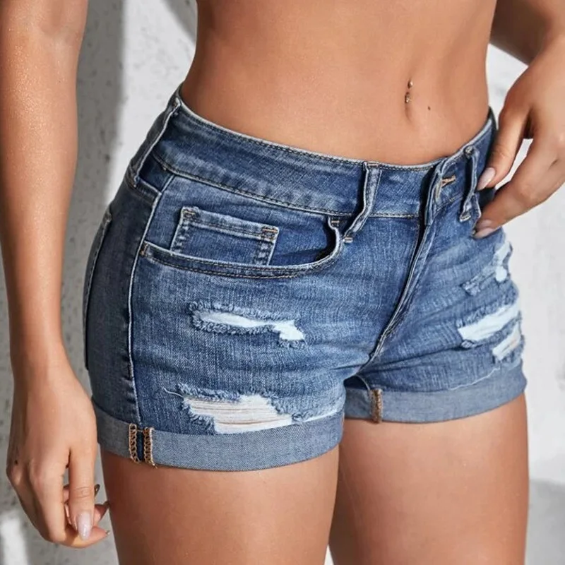 WomensRippedDenimShortsSummerBeachWildChicSexyMidWaist
