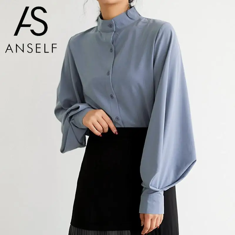 

Vintage Women Chiffon Blouse Stand Collar Lantern Sleeve Buttons Blouses Women Elegant Spring Autumn Solid Female Shirt Tops