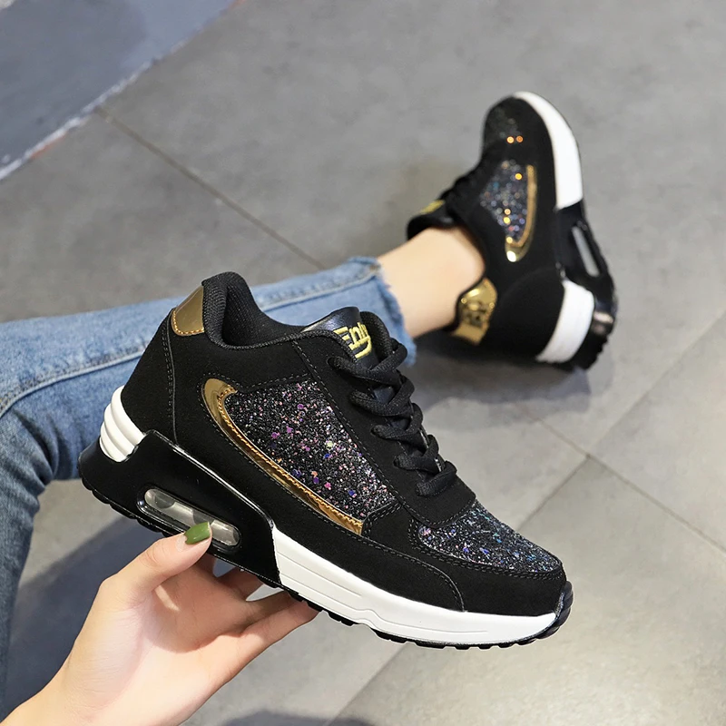 Women's Lace Up Sneakers Flash Spring and Autumn Flat Vulcanized Women's Glittering Leisure Women's Fashion Thick Soled Shoes