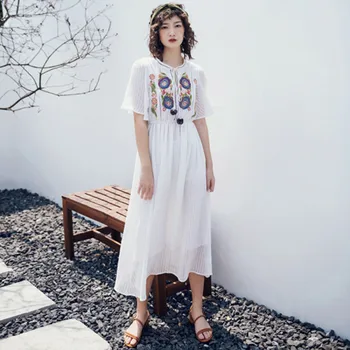 

Embroidered Floral Flounce Sleeve Smock Dress Boho A Line Women Leisure Cute Dresses White High Waist Summer Dresses