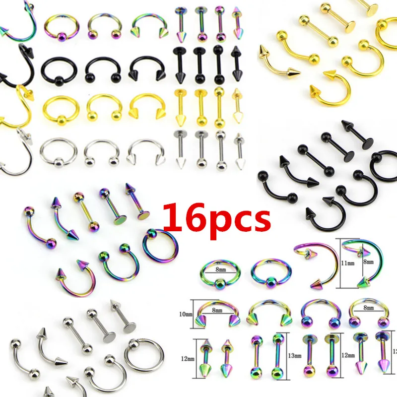 8/16PCS  Stainless Steel Fashion 16G Titanium Anodized Body Jewelry Helix Piercing Ear Eyebrow Nose Lip Captive Rings