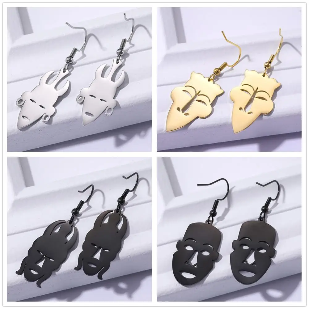 African Mask Tribal Ethnic Gothic Drop Earrings Stainless Steel Black