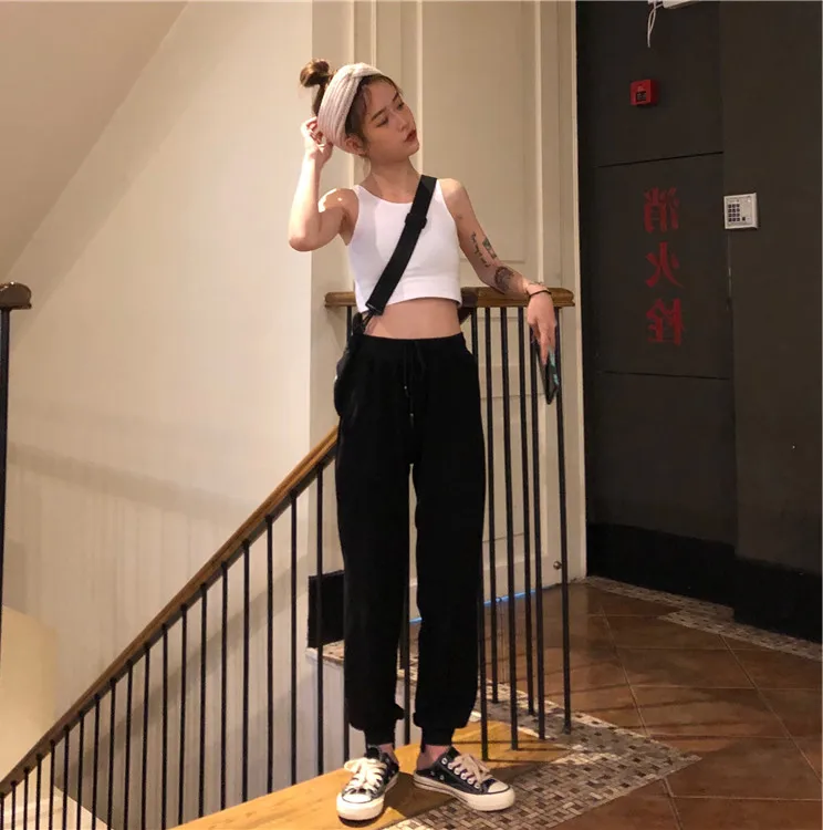 Korean chic White High Waist Harem Pants Women Casual Loose Black Long Pants Female Summer Pocket Lace-up Elastic Trousers