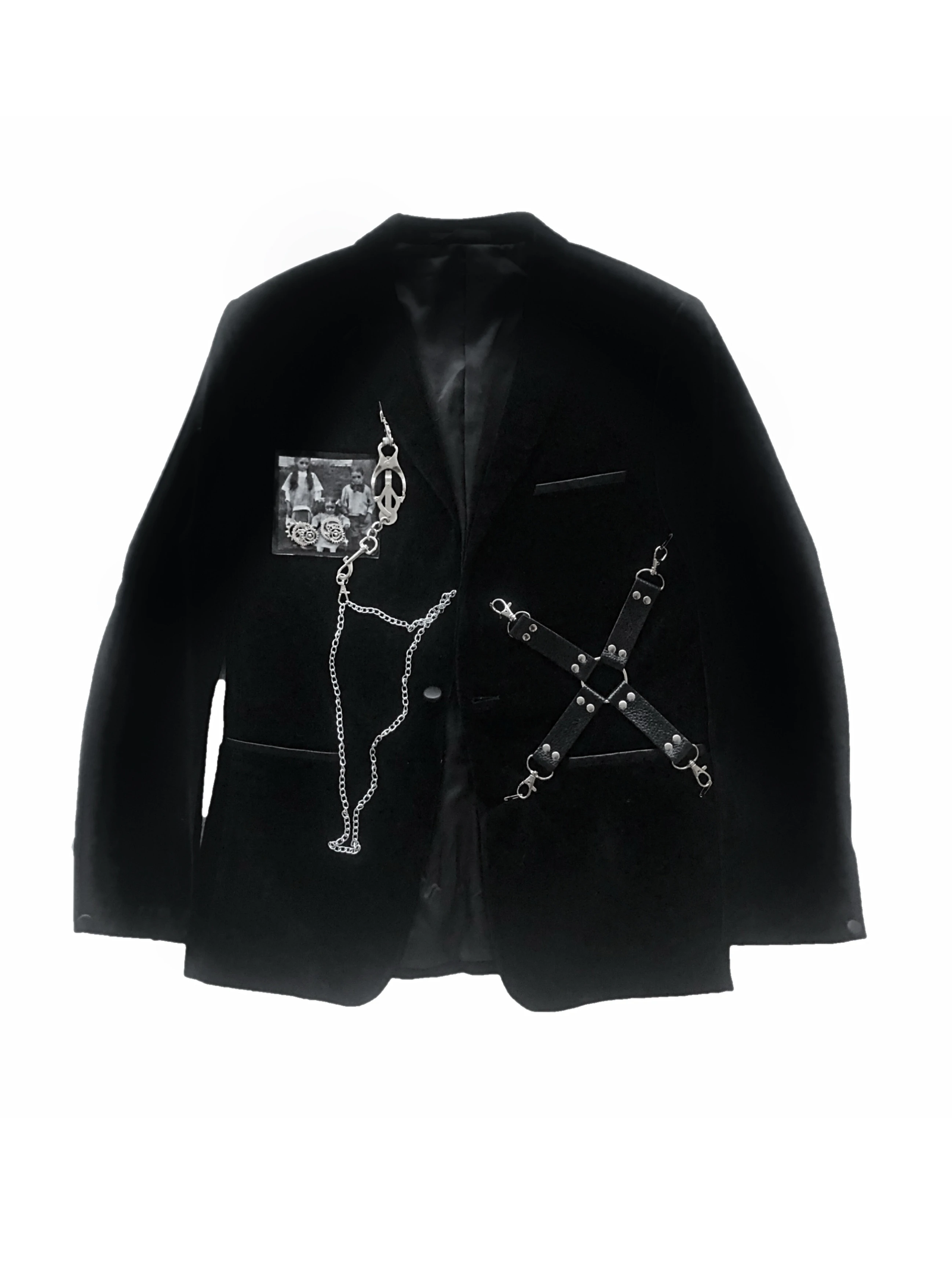 Heavy Punk Black Blazer Women PU Leather Metal Chain Cross Gear Shoulder pads Gothic Velour Jacket Autumn