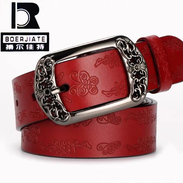 Genuine Leather Belts for Women Second Layer Cowskin Woman Belt Vintage Pin Buckle Strap Jeans Red