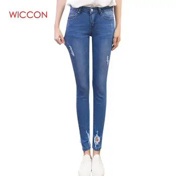 

WICCON Slim Ripped Hole Jeans Women Summer Casual Blue Denim Trousers Vintage Preppy Style High Waist Skinny Jeans Pencil Pants