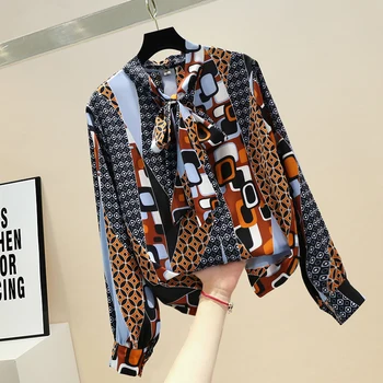 

Long Sleeve Blouse for Women Spring and Summer New Retro Printing Color Contrast Bow Chiffon Shirt Blouse Blouse Office Lady Top