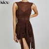 Kliou סרטי רשת לראות דרך Bodycon מפלגת שמלות נשים סקסי Clubwear מיני שמלת מוצק ללא שרוולים בסיסי נשי платье תלבושות