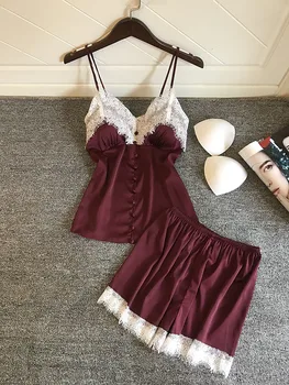 

Lace Trim Satin Cute Burgundy Nightwear Lingerie Sets Sexy Lingerie Sleepwear Set Women Sexy Sling Shorts Underwear