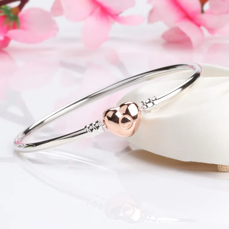 

Original 925 Sterling Silver Bracelet Rose Gold Heart Clasp Classic Bracelet Fit European Charm Bracelets Women Jewelry