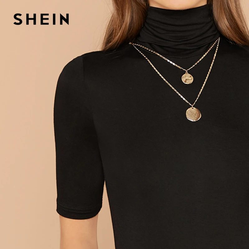 SHEIN черная однотонная облегающая Повседневная футболка с высоким воротом, женские топы, осень, женские офисные эластичные базовые футболки с коротким рукавом