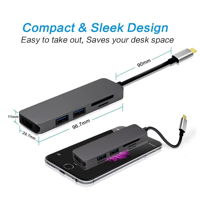 5 в 1 многопортовый концентратор type C USB 3,0 порты к HDMI 4K конвертер SD и TF кардридер USB C адаптер для MacBook Pro /