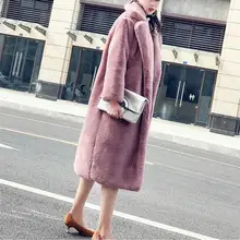Розовая длинная куртка с плюшевым мишкой, пальто с отложным воротником, Толстая теплая объемная массивная верхняя одежда, Женское пальто из искусственного меха овечьей шерсти
