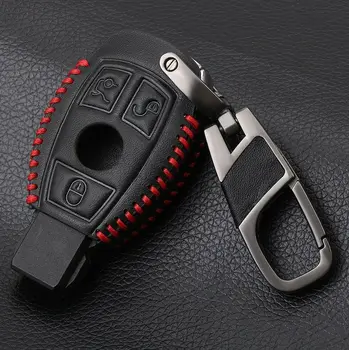 

1Pcs Black Leather Car Key Case Cover With Key Chain For Mercedes Benz W203 W210 W211 AMG W204 C200 C250 C