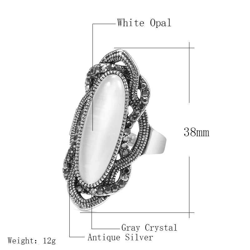 Bohemian Style White Opal Ring Big Oval Silver Plated Mosaic AAA Gray Crystal Rings Kinel for Women Vintage Jewelry crystal rings bohemian rings stone rings fashion rings opal rings fashion ring finger rings metal rings