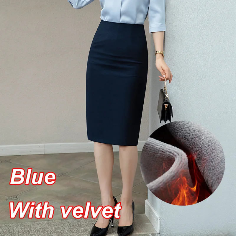 Blue with velvet Офисные женские юбки осень зима теплая Однотонная юбка карандаш плюс бархатная теплая Высокая талия средней длины юбка черный синий серый - Цвет: Blue with velvet