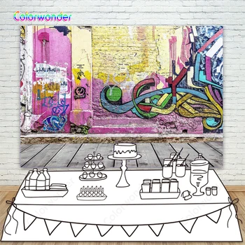 

Colorful Graffiti Purple with Yellow Printed Brick Wall Photography Backdrop Wooden Floor Children Portrait Photo Background