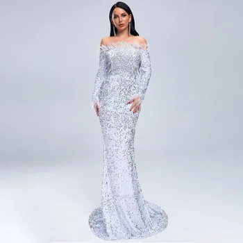 

JS520J-2019 evening dress women's European and American sexy one shoulder feather long sleeve Sequin party dress