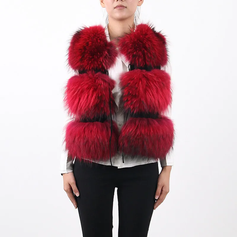 red QIUCHEN PJ8050 Новинка года, Женская длинная куртка из натурального меха енота, кожаная куртка без рукавов - Цвет: red