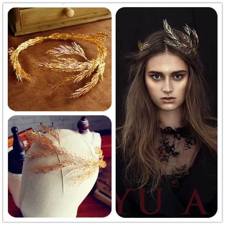 Короны в стиле барокко головная повязка с золотыми листьями украшения для волос Свадебные аксессуары для волос Принцесса тиара ручной работы Свадебный головной убор ободки