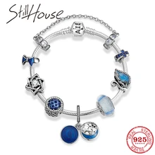 925 пробы, серебряный, голубой, звездное небо, эмалированные бусины, талисманы, женский кулон, браслет, цепь, браслеты, Женские аксессуары, модное ювелирное изделие
