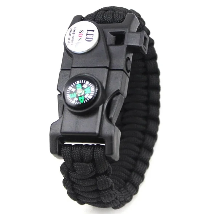 Outdoor Emergency Survival Bracelet SOS LED Light Camping Paracord Rope Multifunctional Survival Tool Whistle Compass Bracelet - Metal Color: Black