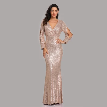 Sexy V-neck Mermaid Evening Dress Long Formal Prom Party Gown Full Sequins long Sleeve Women Dresses