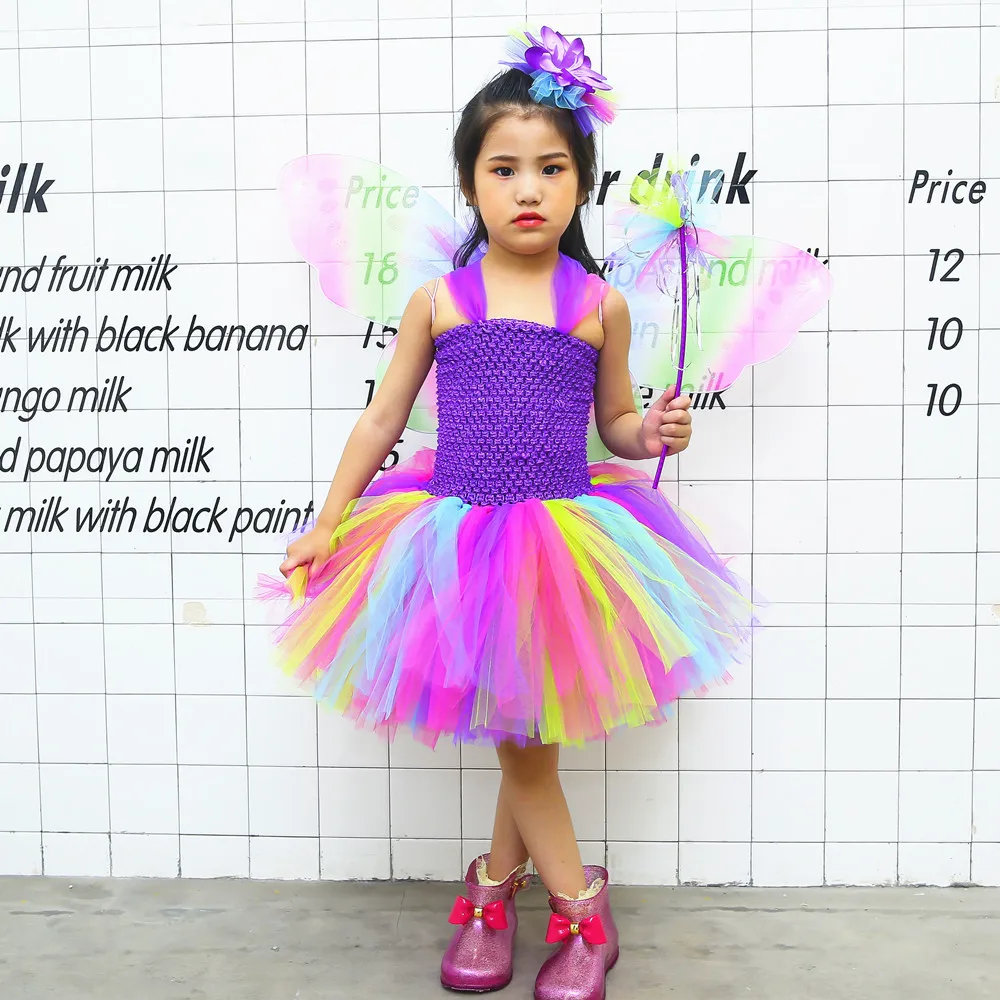 Платье-пачка для маленьких девочек; Детские радужные платья для выступлений; детская одежда для дня рождения; милая разноцветная летняя одежда с крыльями