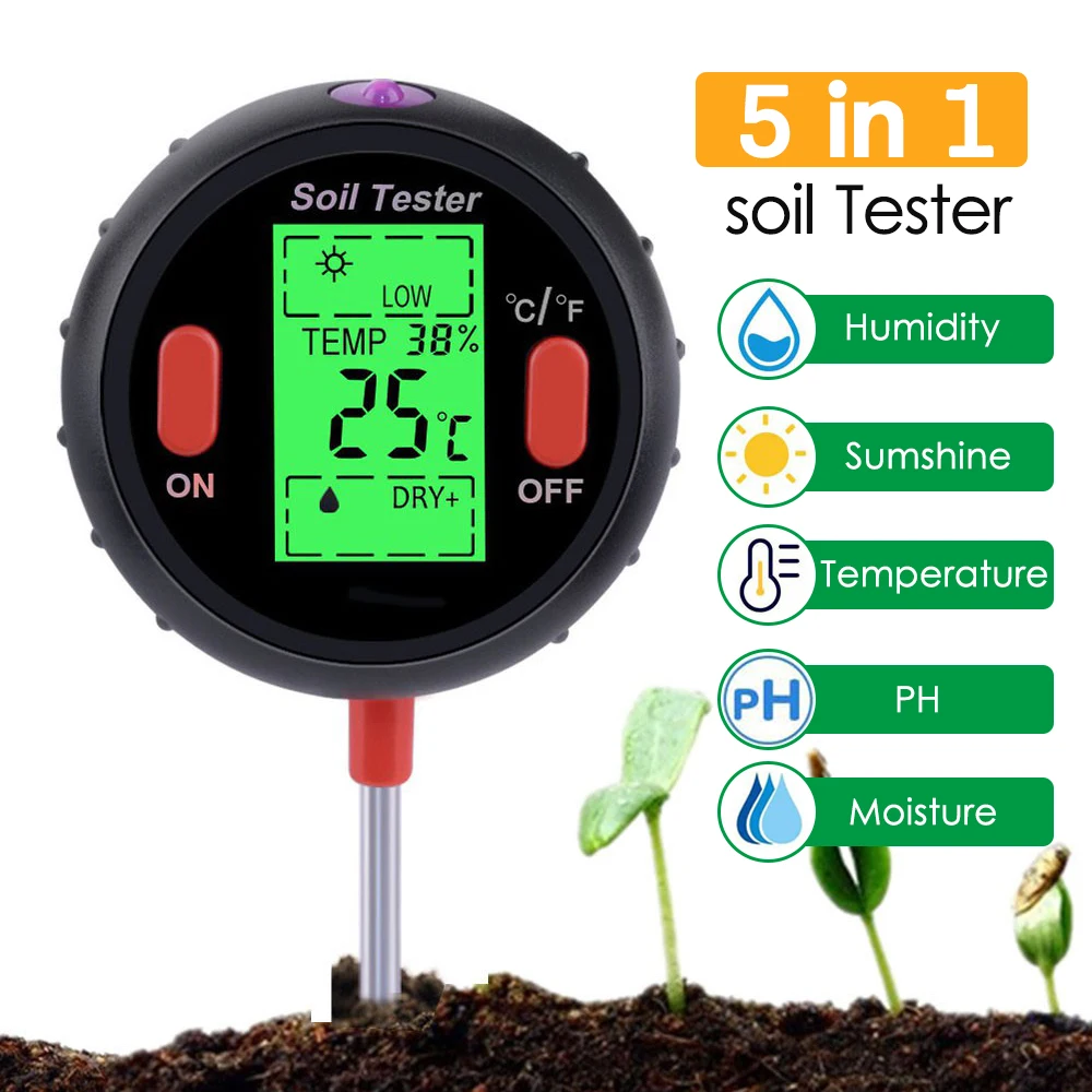 5-in-1 Moisture Meter Digital Soil pH Meter PH Levels Temperature Sunlight Intensity Humidity Tester Large Backlit LCD Display large calipers