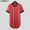 Men Nightgown Sleep Robes Short Sleeve V Neck Loose Comfortable Homewear Patchwork Dressing Gown Men Bathrobes Plus Size INCERUN ► Photo 3/6