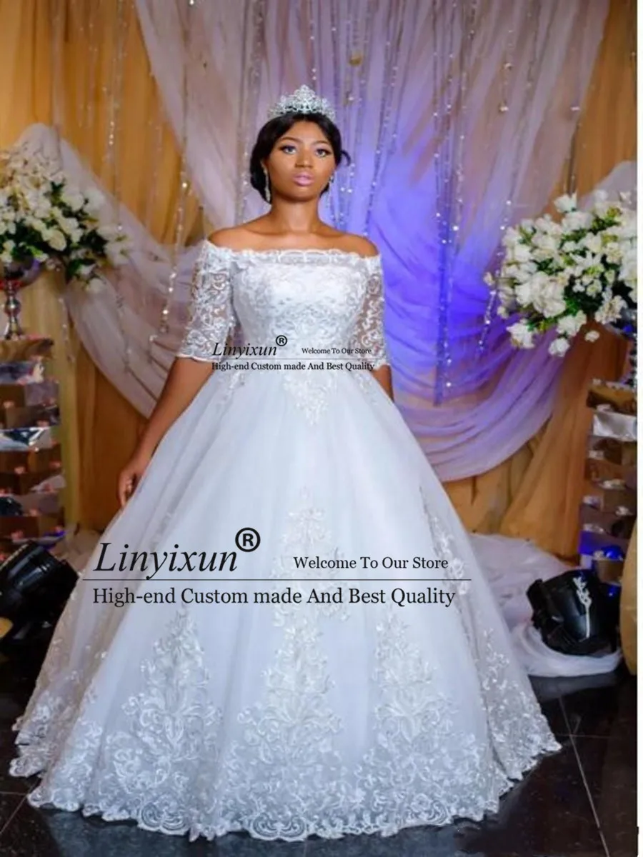 Vestidos De Novia De Linea A De Estilo Arabe Nigeriano Cuello Transparente Media Manga Espalda Descubierta Corte Tren Encaje Espalda Arriba Boda Vestidos De Novia Personalizados