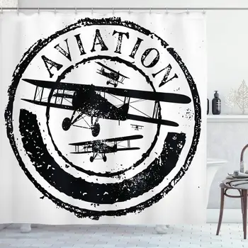 

Vintage Airplane Shower Curtain, Grunge Style Stamp Design with Word Aviation and Airplane Silhouettes, Cloth Fabric Bathroom
