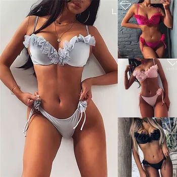 

2020 Women's Sexy Bikini Set Two-Pieces Ruffles Push Up Padded Summer Bra Thong Bandage Swimsuit Swimwear Bathing Suit Beachwear