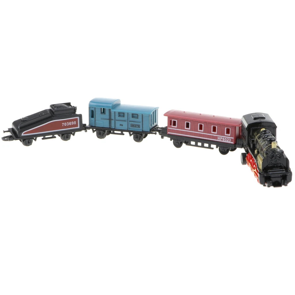 4Pcs Black Mini Steam Train Set, 1 Locomotive Engine and 3 Railway Carriages, Kids Toddler Fun Toy Collectibles