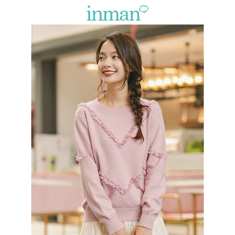 

INMAN Spring Autumn O-neck Long Sleeve Lace Young Girl Elegant Pink Women Pullover