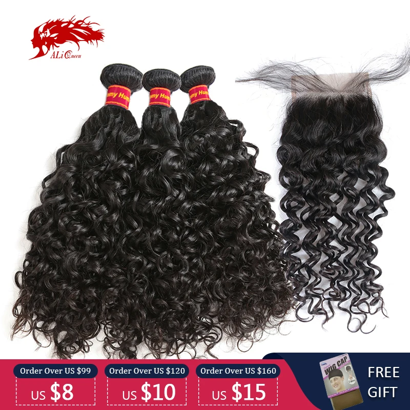 

Water Wave 3/4Pcs Loose Wave Human Hair Bundles With Closure Natural Color Brazilian Remy Hair Weft With Lace Closure Frontal